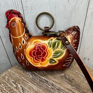Genuine Leather Chicken Coin Purse Wristlet Brown Chicken Hand Painted Leather